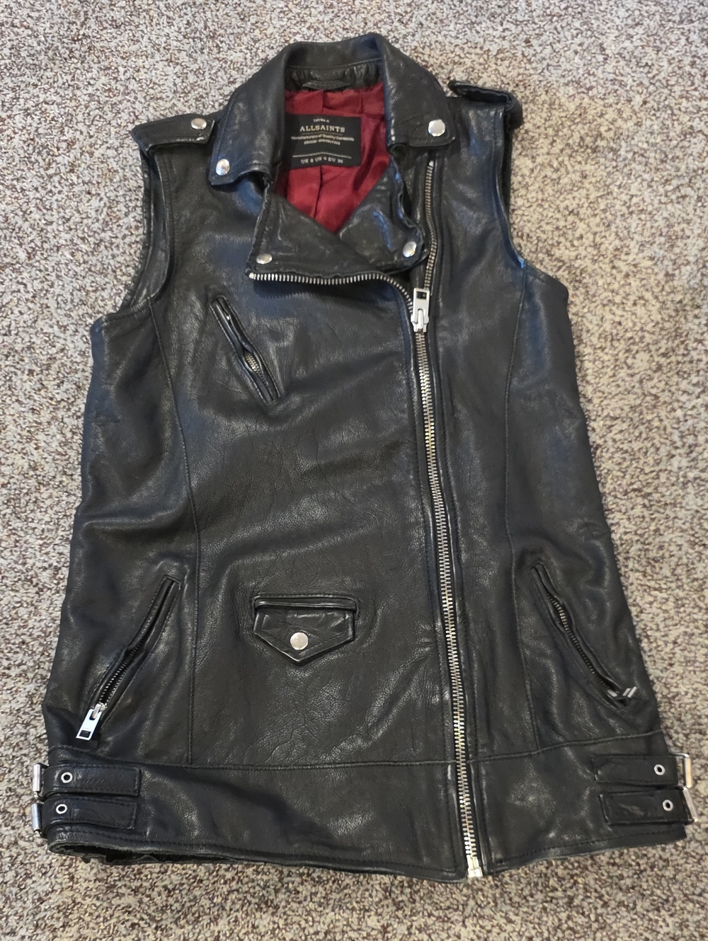 All Saints Black Leather Sleeveless Biker Jacket with Red Lining